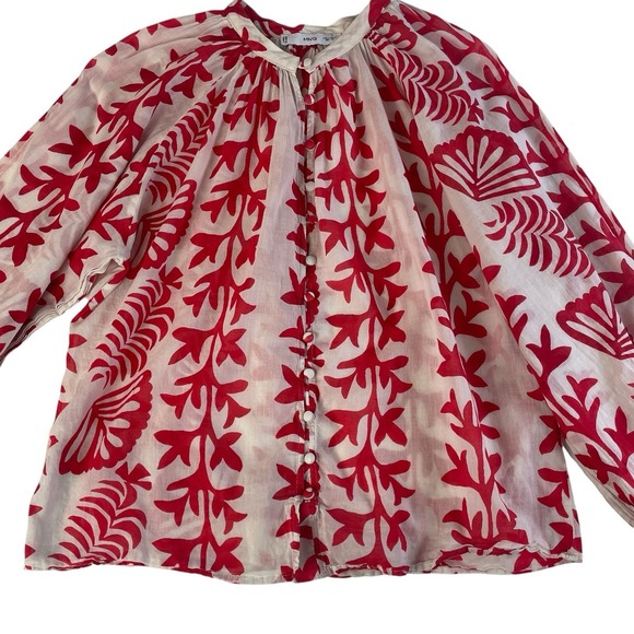 Mango MNG Red Floral Cotton Blouse Coastal Puff Sleeve Top Size 4 - Picture 2 of 10